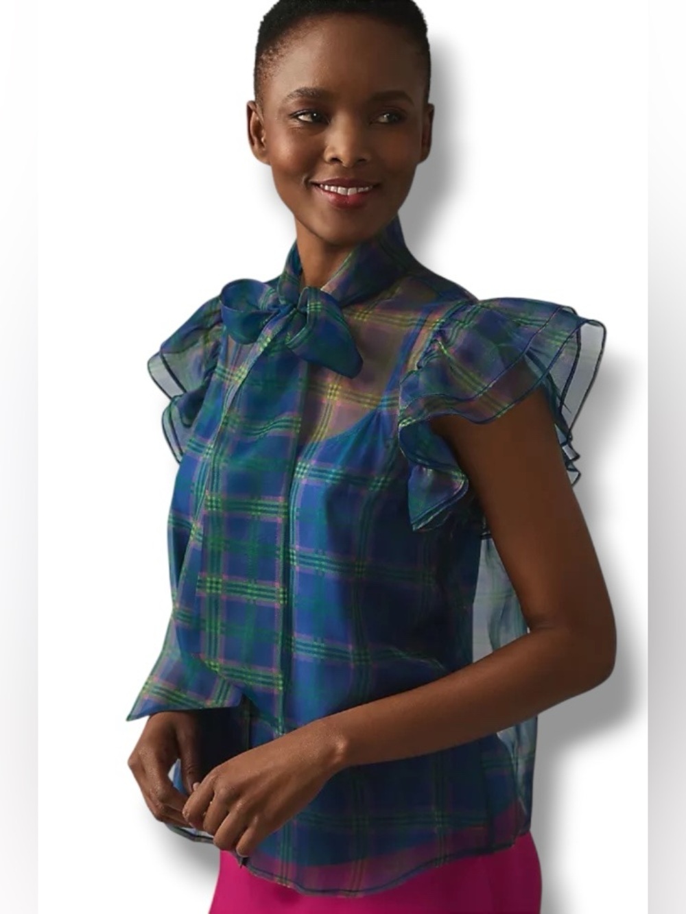 Anthropologie Current Air Sheer Plaid Ruffle Cap Sleeve Tie Neck Blue Small